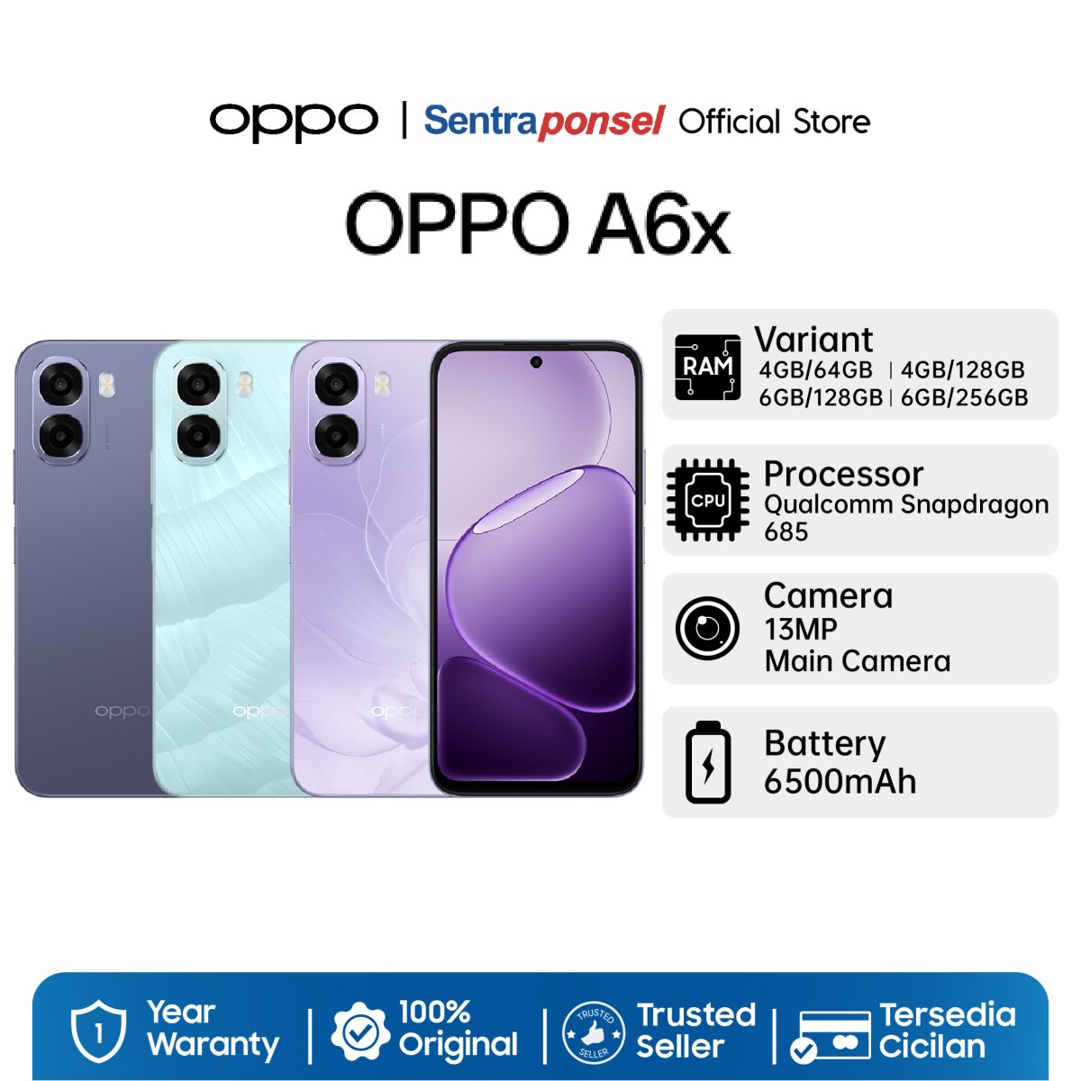 OPPO A6x 6GB/256GB - Baterai 6500mAh, Layar 120Hz & Snapdragon 685