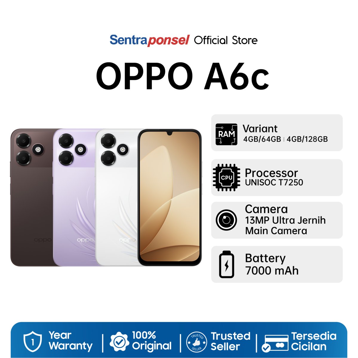 OPPO A6c 4GB/64GB Baterai 7000mAh, Layar 120Hz