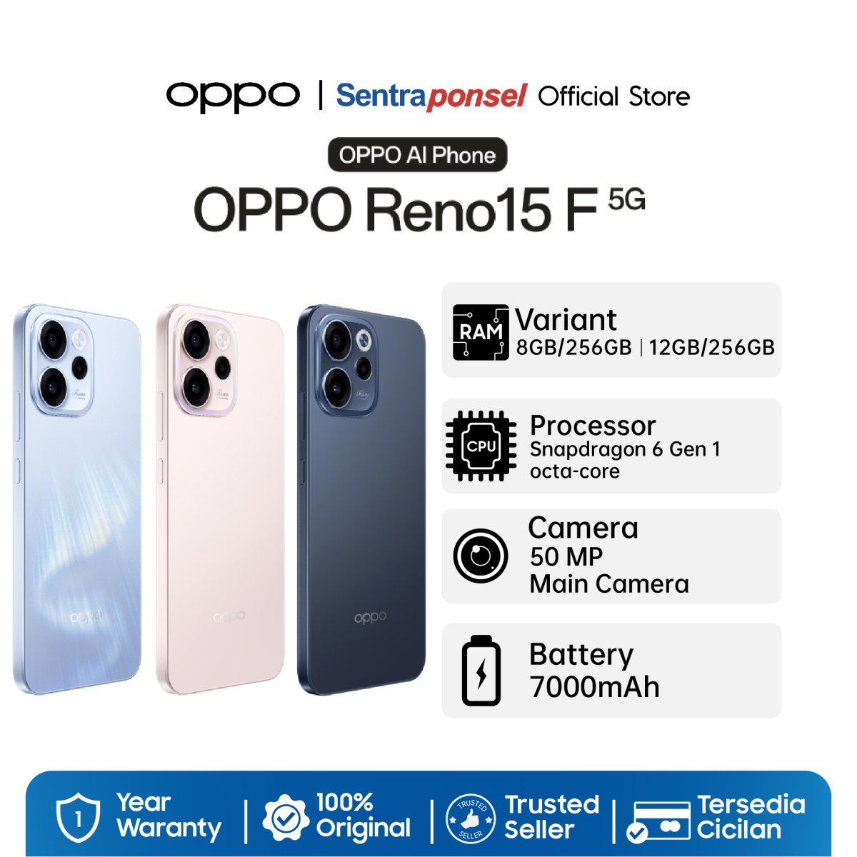 OPPO Reno 15 F 5G 8GB/256GB Kamera 50MP, Baterai 7000mAh, Layar AMOLED 120Hz